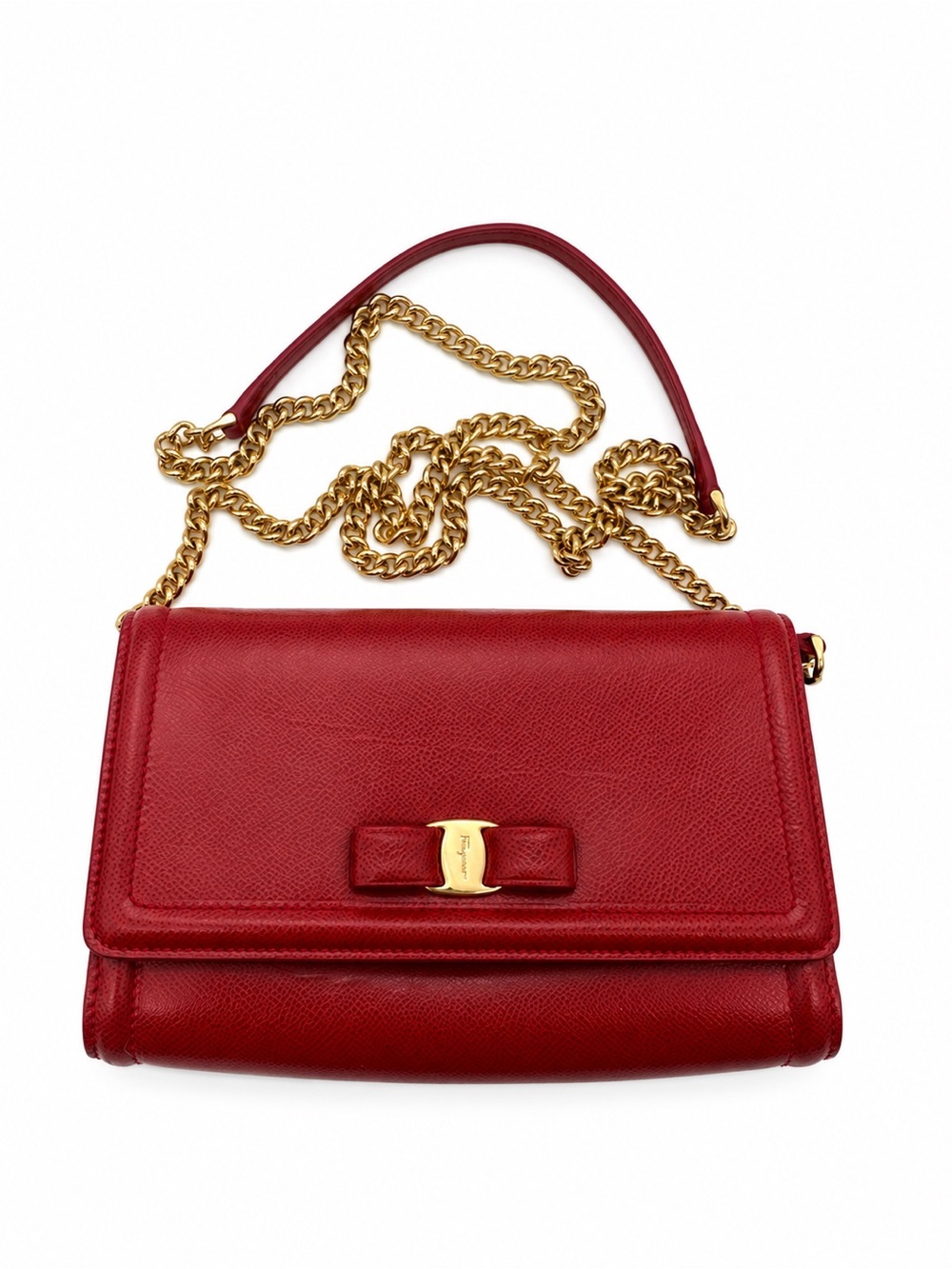 Salvatore Ferragamo Vara Bow Red Leather Chain Crossbody Bag Made Italy